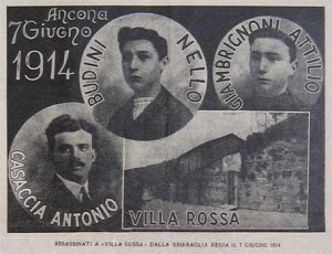 1) Cartolina commemorativa dei tre manifestanti uccisi ad Ancona a Villa Rossa, dove s’era svolto un comizio di repubblicani, anarchici e socialisti